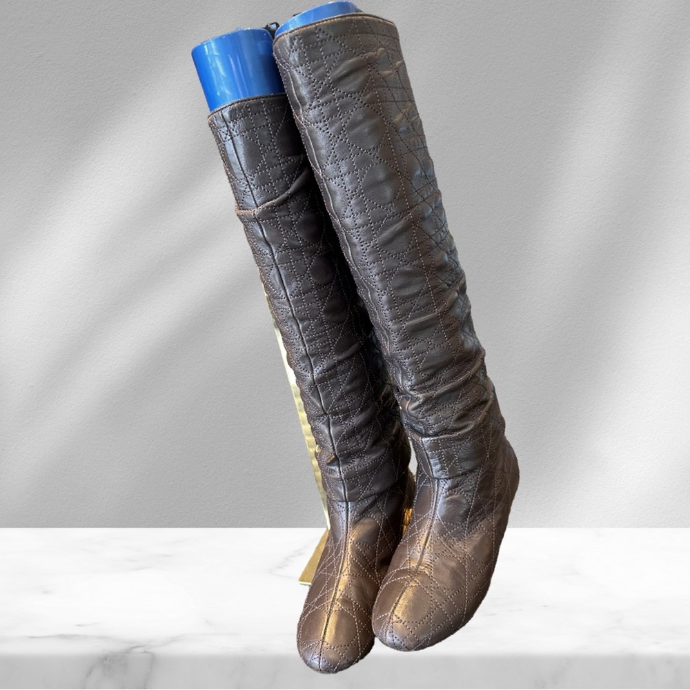 Christian Dior Cannage Quilted Brown Knee High Boots 35 1/2 - Picture 3 of 13